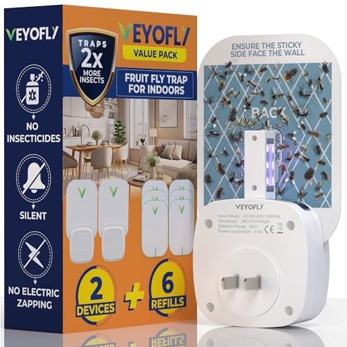 VEYOFLY 2 Pack, Fly Trap, Plug in Flying Insect Trap, Fruit Fly Traps for Indoors- Safer Home Indoor- Bug Light Indoor Plug in- Mosquito Trap, Fruit Fly, Gnat Trap, Flea Trap (2 Device+6 Glue Boards)