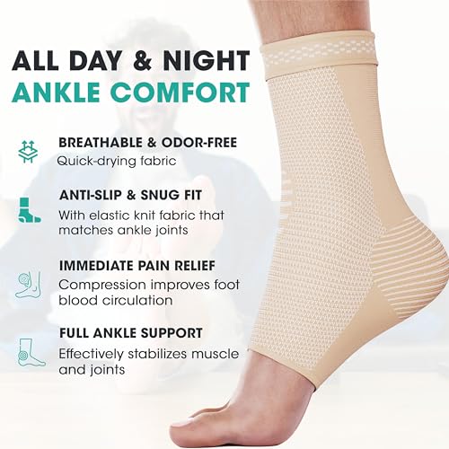 MODVEL Ankle Brace for Women & Men - 1 Pair of Ankle Support Sleeve & Ankle Wrap - Compression Ankle Brace for Sprained Ankle, Achilles Tendonitis, Plantar Fasciitis, & Injured Foot - Large, Skin/Nude