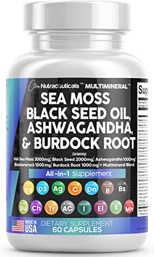 Sea Moss 3000mg Black Seed Oil 2000mg Ashwagandha 1000mg Turmeric 1000mg Bladderwrack 1000mg Burdock 1000mg & Vitamin C Vitamin D3 with Elderberry Manuka Dandelion Yellow Dock Iodine Chlorophyll ACV