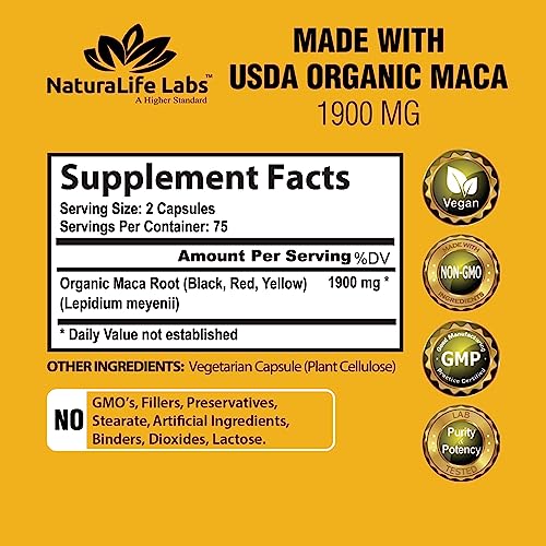 Organic Maca Root Black, Red, Yellow 1900 MG per Serving - 150 Vegan Capsules Peruvian Maca Root Gelatinized 100% Pure Non-GMO Supports Reproductive Health Natural Energizer