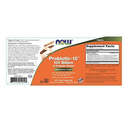 NOW Supplements, Probiotic-10™, 100 Billion, with 10 Probiotic Strains,Dairy, Soy and Gluten Free, Strain Verified, 60 Veg Capsules