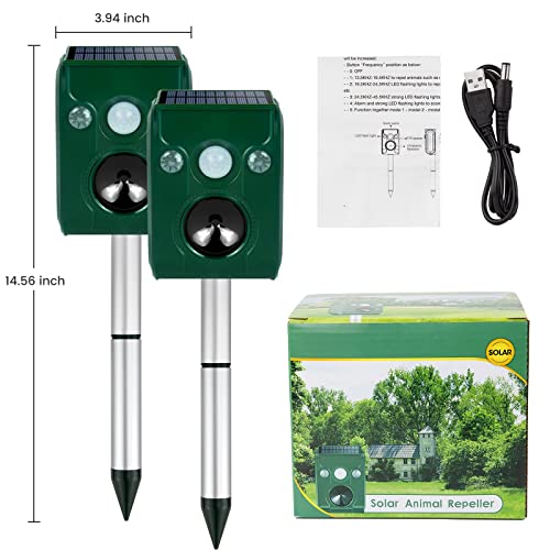 PGFIT 2 pack Solar Animal Repeller Ultrasonic Outdoor Animal Repellent Waterproof Movement LED Flashing Alarm Sound Activated Applicable toDeer,Cat,Bird,Rabbit,Squirrel,Skunk.Protecting Lawn Orchards。