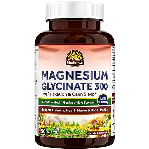 Vitalitown Magnesium Glycinate | Chelated, Non Buffered 300mg Elemental Magnesium | Most Bioavailable, Fully Reacted | Bone, Muscle, Calm, Sleep Health & Leg Cramps | 60 Tablets, Non-GMO