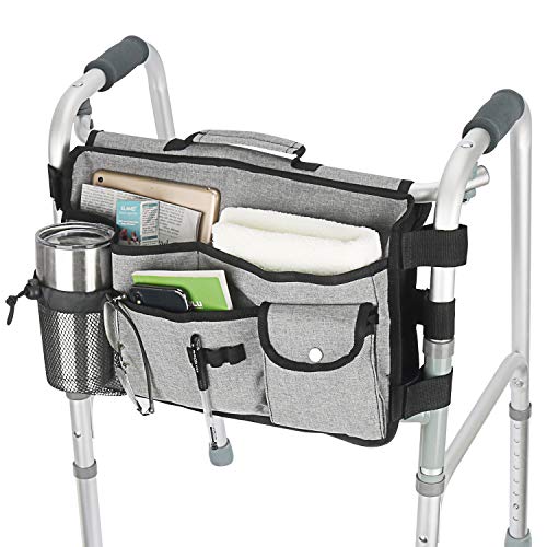 Double Sided Walker Bag, Walker Organizer Pouch Tote for Rollator and Folding Walker (Grey)