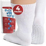 Hospital Socks for Men with Grips, Non Slip Socks for Men, Non Slip Socks for Men, Women, & Elderly, Diabetic Socks for Men 9-12, Extra Wide Socks for Swollen Feet - 4 Pair White