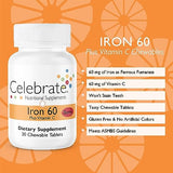 Celebrate Vitamins Iron with Vitamin C Chewables, 60 mg Iron, Berry, Bariatric Vitamins for WLS Patients including Sleeve Gastrectomy and Gastric Bypass Surgery, 30 count, 1 month supply