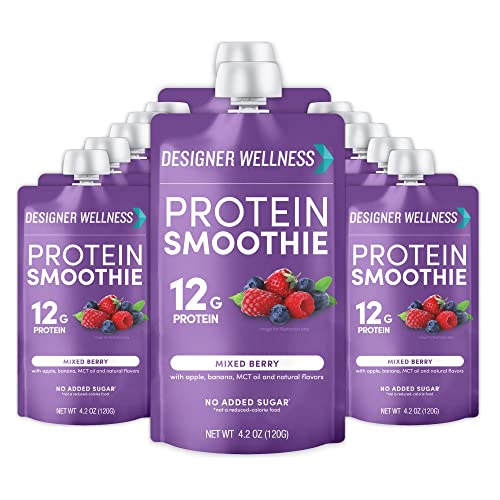 Designer Wellness Protein Smoothie, Real Fruit, 12g Protein, Low Carb, Zero Added Sugar, Gluten-Free, Non-GMO, No Artificial Colors or Flavors, Mixed Berry, 12 Count