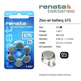 Renata Size 675 Zinc Air 1.45V Hearing Aid Battery - Designed in Switzerland (30 Batteries)