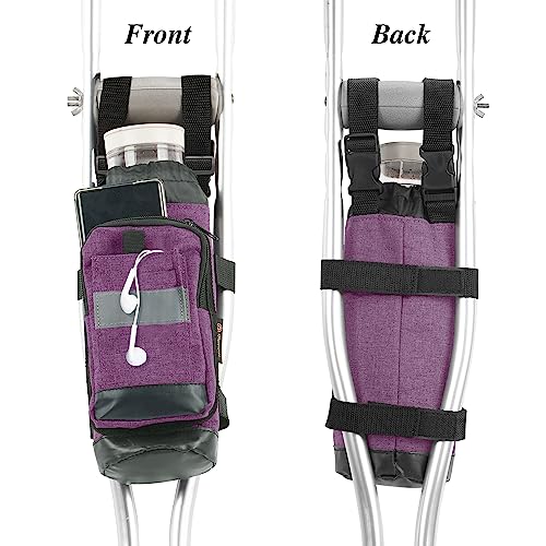 Crutch Bag Lightweight Crutch Accessories Storage Pouch with Reflective Strap and Front Zipper Pocket for Universal Crutch Bag to Keep Item Safety (Purple)