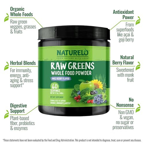 NATURELO Raw Greens Superfood Powder - Wild Berry Flavor - Boost Energy, Detox, Enhance Health - Organic Spirulina - Wheat Grass - Whole Food Nutrition from Fruits & Vegetables - 60 Servings