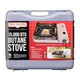 Chef Master 90019 Portable Butane Stove | 15,000 BTU Single Burner Gas Stove | Camping and Backpacking Essentials | Piezo Click Ignition | Double Wind Guard Burner | Hard Carrying Case