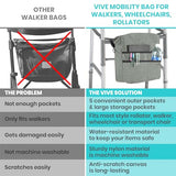 Vive Wheelchair Bag for Accessories (12" x 5 x 12") - Large Adjustable, Folding, Waterproof Backpack - Fits Walkers, Rollators, and Chairs - Pouch for Elderly & Seniors - Caddy Pouch Tray Attachment