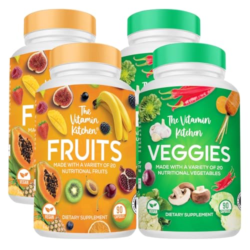 The Vitamin Kitchen Whole Food Fruits and Veggies Supplement - Made in USA, 360 Capsules (180 Fruit, 180 Veggie) Soy Vegan Free, 100% Natural Vegetable Superfood (4-Pack)