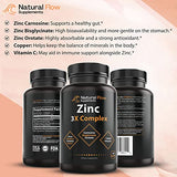 Zinc Supplement Complex with Copper and Vitamin C - Natural Flow 3X Zinc Carnosine, Bisglycinate Chelate, and Orotate, Chelated Zinc Copper, Easy on The Stomach, Skin and Immune Support, 120 Capsules