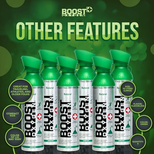 Boost Oxygen 10 Liter Natural Flavor Pure Oxygen Supplement in Portable Canister for Endurance, Recovery, and Performance, (6 Pack)