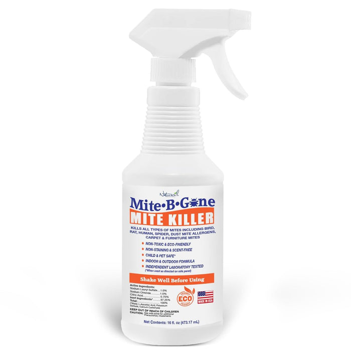 Mite Killer Spray by Mite-B-Gone — Kills Human Mites, Bird, Dust, Spider, Rat, Turkey, Carpet Mites. Treatment for Homes, Furniture, Bedding, Auto & Animals | Non-Toxic | Kid & Pet Safe | 16oz Spray