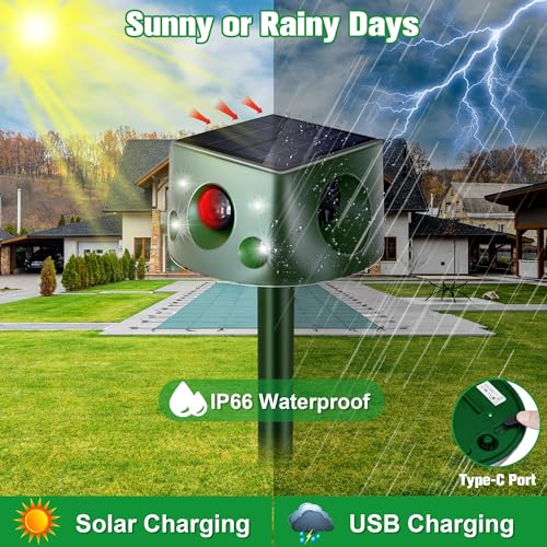 Solar Animal Repeller, 360° Ultrasonic Animal Repellent, 7 Modes Animal Repellent for Garden, IP66 Waterproof Animal Deterrent Devices Outdoor, Repels Cat, Dog, Rat, Squirrel, Deer, Rabbit, Raccoon