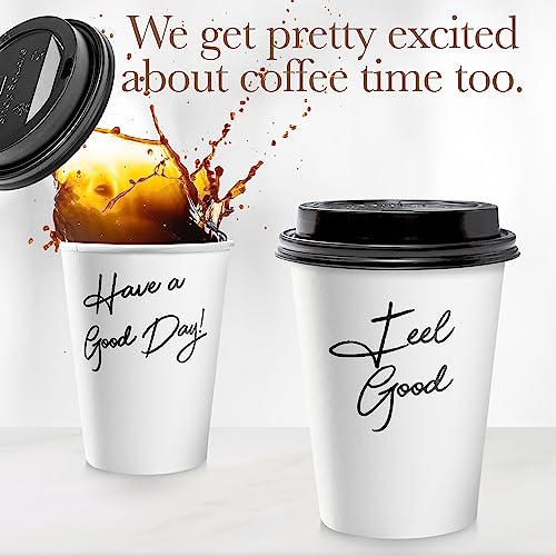 Disposable Coffee Cups with Lids 12 oz (100 Pack) - To Go Cups for Hot & Cold Drinks, Tea, Hot Chocolate, Water - Poly-Coated for No Condensation with Rolled Edge - Coffee Cup Bundle