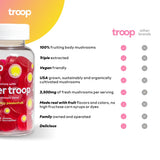 Troop Daily Super 6 Mushroom Blend for Immunity, Vitality, Mood, Balance, Gut Health, Energy - Restorative Supplement with Triple Extracted Fruit Body Blend - Vegan, Delicious Gummies, 60 Count