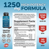 Antarctic Krill Oil Omega 3 Fatty Acid Supplements 1250 mg, High EPA DHA & Astaxanthin Concentration for Brain, Joint Health & Antioxidant Support, No Fish Burps, 60 Omega 3 Krill Oil Supplements