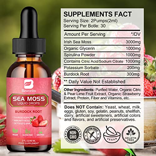 B BEWORTHS Sea Moss Liquid Drops - Organic Irish Sea Moss Gel with Burdock Root Supplement, Seamoss Gel for Immune Support, Joint & Thyroid Support, Detox Cleanse & Digestion Support