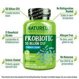 NATURELO Probiotic Supplement - 50 Billion CFU - 11 Strains - One Daily - Helps Support Digestive & Immune Health - Delayed Release - No Refrigeration Needed - 120 Vegan Capsules