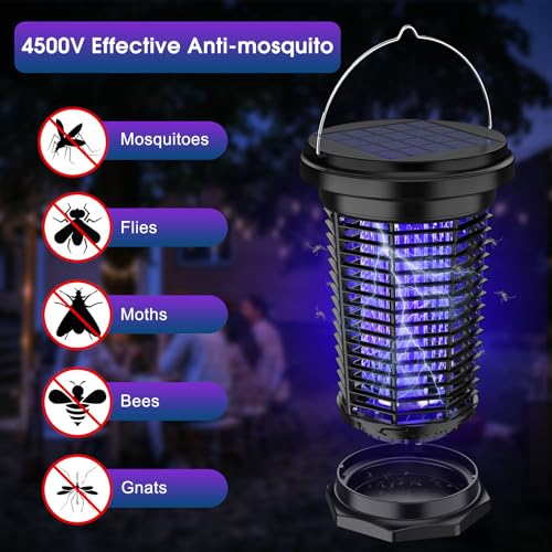 Solar Bug Zapper for Outdoor & Indoor, USB Rechargeable Mosquito Killer Lamp with UV Light, 4500V Electric Fly Traps, Insect Zapper for Patio, Home, Backyard, Garden, Camping