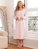 Long Nightgowns for Women Lace Neck Sleep Shirts Casual House Coat Button Down House Dresses Long Sleeve House Dress for Elderly Women Soft Cotton Hosptial Gowns Mumu Dresses Pink Floral M