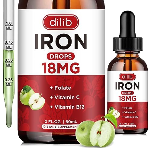 Liquid Iron Supplement for Women & Men Iron Drops Iron Supplements for Anemia with Folate, Vitamin C, B12 for Red Blood Cell Support-Green Apple Flavor, 2 Fl Oz