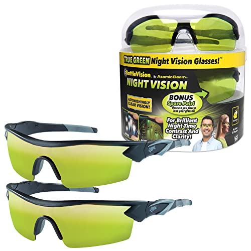 As Seen On TV BattleVision Night Vision Glasses 2 Pairs by BulbHead - Amazing Night Driving Glasses Protect Eyes From Blinding Headlight Glare - Green Lenses Enhance Clarity - Flexible Frames