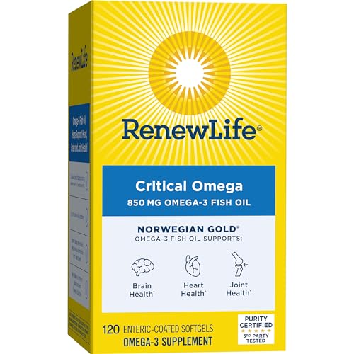 Renew Life Norwegian Gold Critical Omega Softgels, Daily Supplement Supports Heart, Brain and Joint Health, EPA and DHA Omega-3 Fish Oil, Dairy and gluten-free, 850 Mg 120 Count