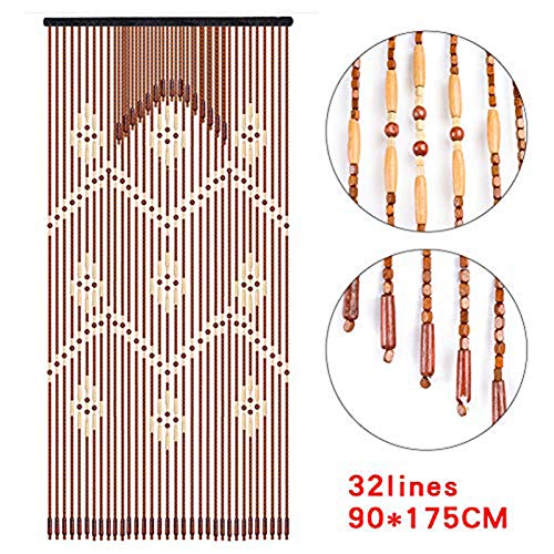 YIYIBYUS 90x175CM / 35.4 x 68.9 Inches 32pcs Beaded Natural Wood Bead Curtain Removable Entrance Partition Curtain Bamboo Doorway Bead Bohemian Curtain (90 x175CM)