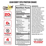 Lean Body Ready-to-Drink Vanilla Protein Shake, 20g Protein, Whey Blend, 0 Sugar, Gluten Free, 22 Vitamins & Minerals, (Recyclable Carton & Lid - Pack of 4)