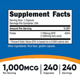 Nutricost Folic Acid (Vitamin B9) 1000 mcg, 240 Capsules (2 Bottles)