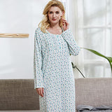 Keyocean Nightgowns for Women with Pockets, All Cotton Soft Lightweight Long Sleeve Ladies Sleepwear for Elderly, Green Floral, X-Large