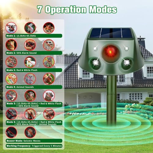 Solar Animal Repeller, 360° Ultrasonic Animal Repellent, 7 Modes Animal Repellent for Garden, IP66 Waterproof Animal Deterrent Devices Outdoor, Repels Cat, Dog, Rat, Squirrel, Deer, Rabbit, Raccoon