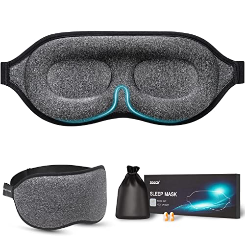 Sleep Mask, 100% Blackout Sleeping Mask for Side Sleeper, 3D Contoured Eye Mask for Women Men, Night Blindfold with Adjustable Strap, Super Soft Comfortable Eye Cover with Travel Pouch and Earplugs
