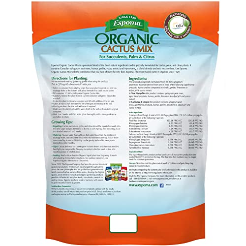 Espoma Organic Cactus Potting Soil Mix, Natural & Organic Soil for Cactus, Succulent, Palm, and Citrus grown in containers both indoors and outdoors, 4 qt, Pack of 2