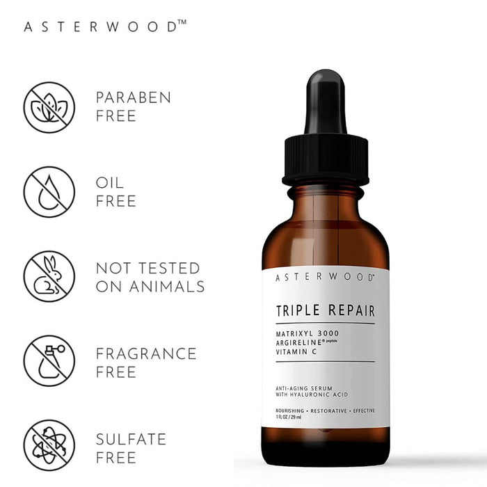 ASTERWOOD Triple Repair Matrixyl 3000 + Argireline + Hyaluronic Acid + Organic Vitamin C Serum for Face; Anti-Aging Face Serum, Anti-Wrinkle Serum, Facial Skin Serum Skin Care, 29ml/1 oz