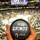 Grinds Coffee Pouches | 6 Cans of Double Shot Espresso | 18 Pouches Per Can | 2x Caffeine 1 Pouch eq. 1/2 Cup of Coffee