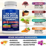 Sea Moss 3000mg Black Seed Oil 2000mg Ashwagandha 1000mg Turmeric 1000mg Bladderwrack 1000mg Burdock 1000mg- with Manuka, Honey Dandelion, ACV Black Pepper Gluten Free