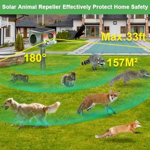 Ultrasonic Solar Animal Repeller for Yard, 6 Modes Outdoor Cat Repellent Squirrel Repellent with Motion Sensor & Flashing Light, Animals Deterrent for Squirrel Bird Deer Cat Skunk Dog for Yard Garden