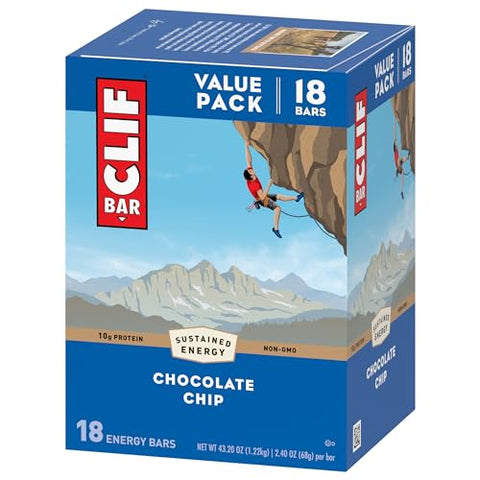 CLIF BAR - Chocolate Chip - Made with Organic Oats - Non-GMO - Plant Based - Energy Bars - 2.4 oz. (18 Pack)