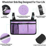 Wheelchair Side Organizer Storage Bag Armrest Pouch with Cup Holder and Reflective Stripe Use Waterproof Fabric, for Most Wheelchairs, Walkers or Rollators (Purple)