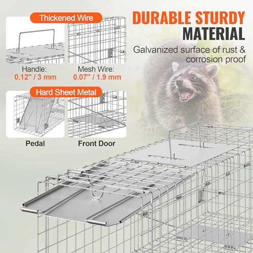 VEVOR Live Animal Cage Trap, 24" x 8" x 8" Humane Cat Trap Galvanized Iron, Folding Animal Trap with Handle for Rabbits, Stray Cats, Squirrels, Raccoons, Groundhogs and Opossums