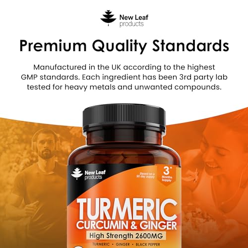 Turmeric Tablets 2600mg with Black Pepper & Ginger - 95% Curcumin Extract 180 and (3 Month) High Strength Active Supplements Not Capsules,by New Leaf