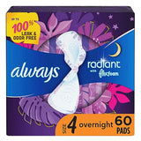 Always Radiant Feminine Pads for Women, Size 4 Overnight Pads, With Flexfoam, with Wings, Light Clean Scent, 20 Count (Pack of 3)