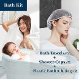 Extguds Disposable Travel Set : Bed Sheet×1+Duvet Cover×1+Pillow case×2+Bath Towels×2+Shower Caps×2+Plastic Bathtub Bag×2+Toilet Seat Covers×2+Compression face Towel×8+Toothbrushes×2+Slippers×2