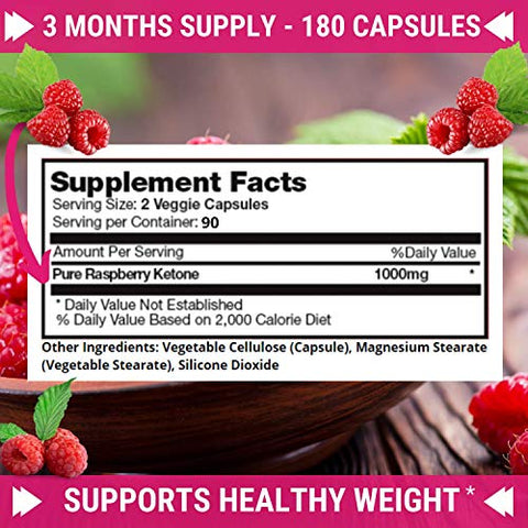 FRESH HEALTHCARE Pure 100% Raspberry Ketones Max 1000mg Per Serving - 3 Month Supply Non GMO - Advanced Weight Loss Support - 180 Capsules