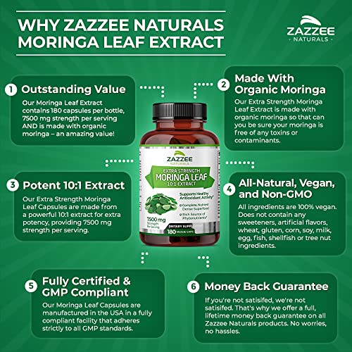 Zazzee Organic Moringa Oleifera 10:1 Extract, 7500 mg Strength, 100% Pure Superfood, 180 Vegan Capsules, Concentrated and Standardized 10X Leaf Extract, Vegetarian, All-Natural and Non-GMO